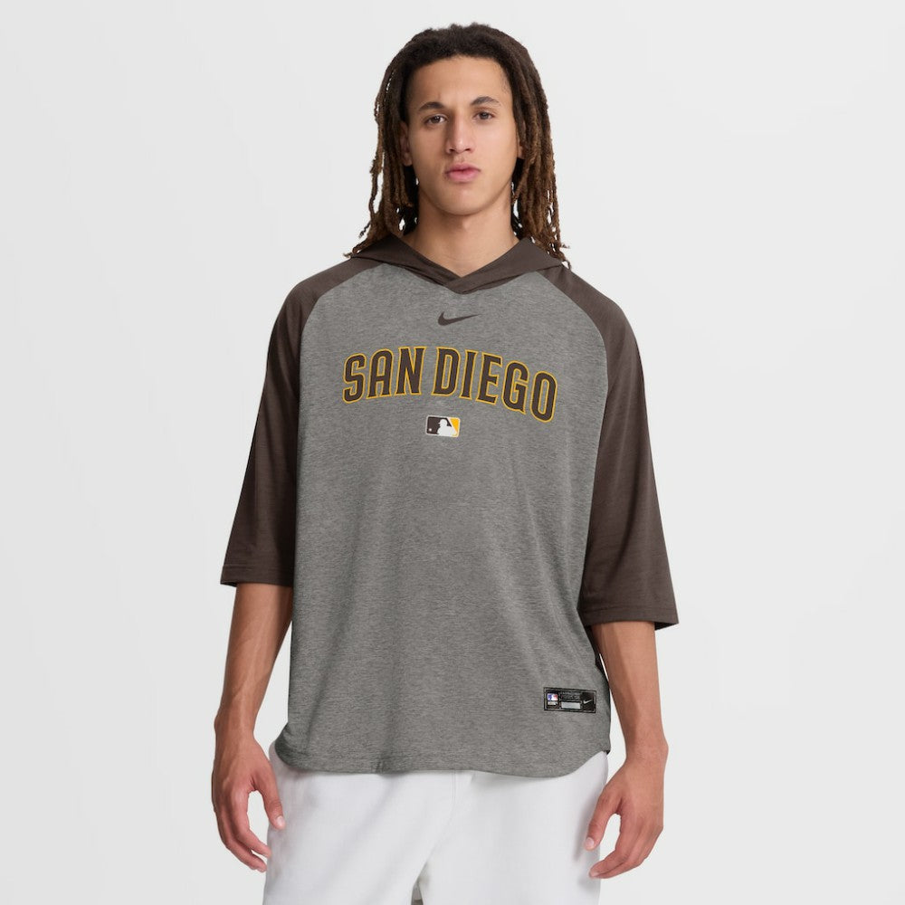 San Diego Padres Nike Authentic Collection Flux Dri-FIT Raglan 3/4-Sleeve Hooded T-Shirt - Gray T-shirts