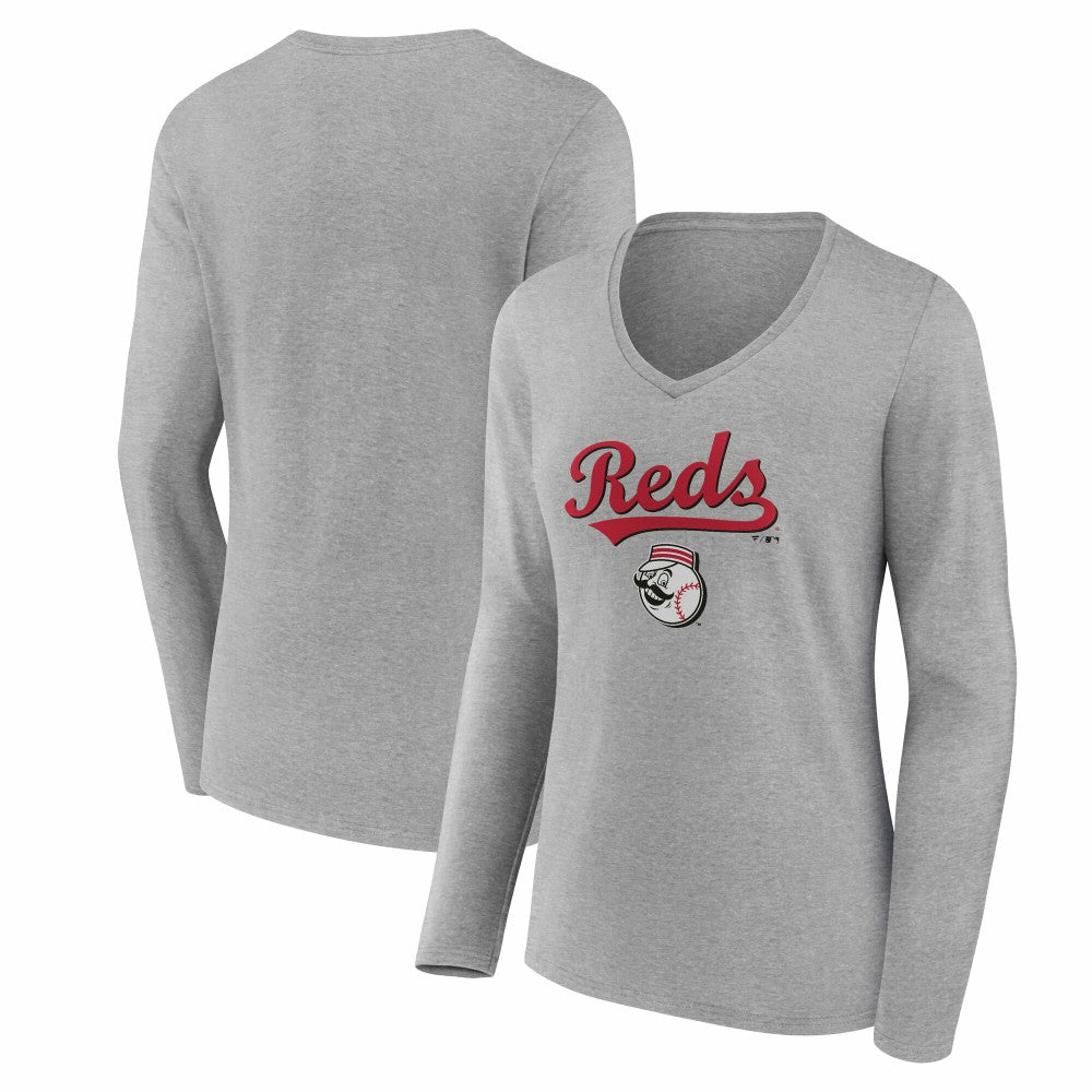 Cincinnati Reds Women's Team Lockup Long Sleeve V-Neck T-Shirt - Gray T-shirts