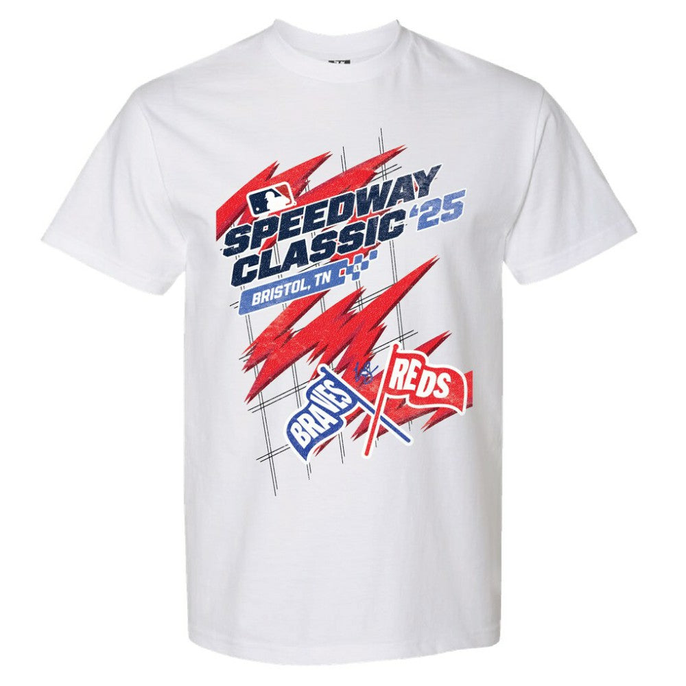 Cincinnati Reds vs. Atlanta Braves The Wild Collective Women's 2025 Speedway Classic Flags T-Shirt - White T-shirts