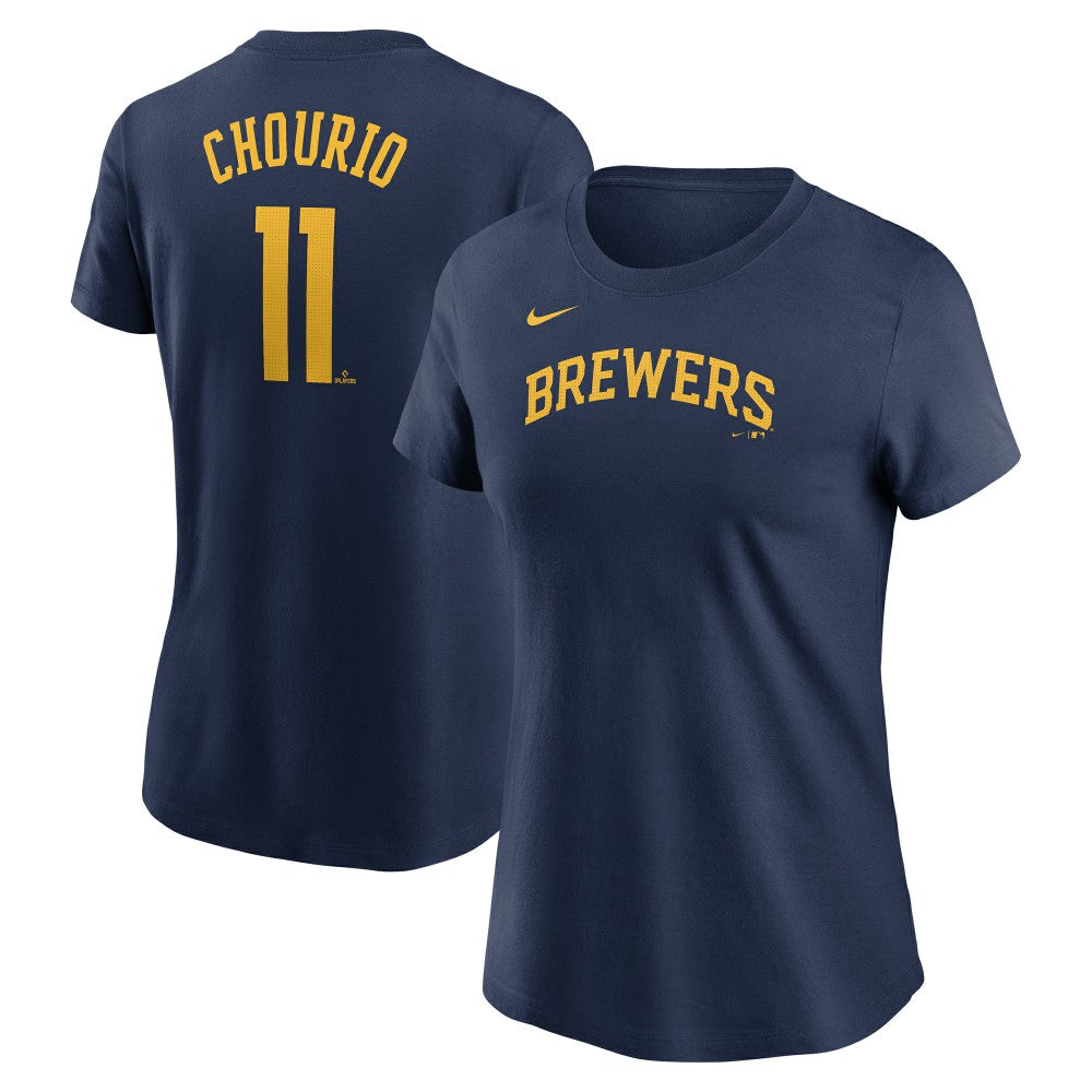 Jackson Chourio Milwaukee Brewers Nike Women's Cooperstown Collection Fuse Name & Number T-Shirt - Navy T-shirts