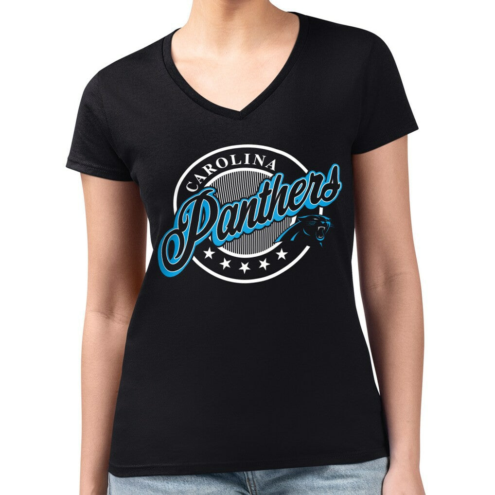 Carolina Panthers G-III 4Her by Carl Banks Women's Super-Slim Fit Lightweight Pinstripe Circle V-Neck T-Shirt Black