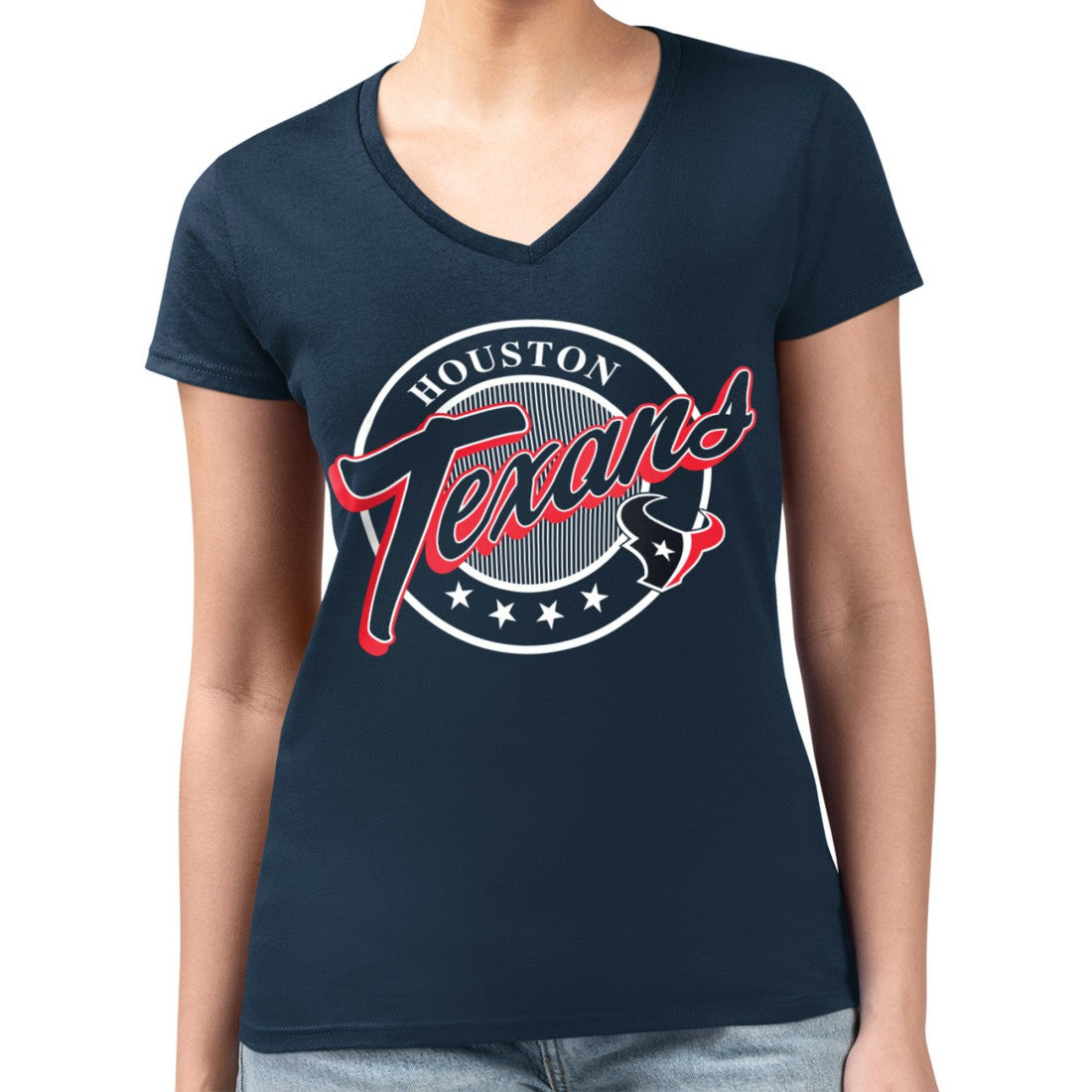 Houston Texans G-III 4Her by Carl Banks Women's Super-Slim Fit Lightweight Pinstripe Circle V-Neck T-Shirt Navy