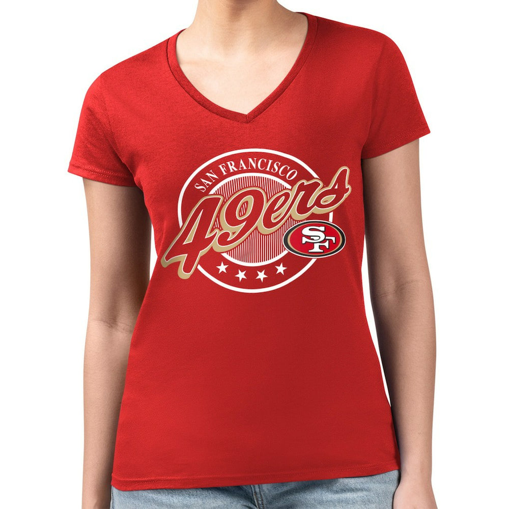 San Francisco 49ers G-III 4Her by Carl Banks Women's Super-Slim Fit Lightweight Pinstripe Circle V-Neck T-Shirt Scarlet