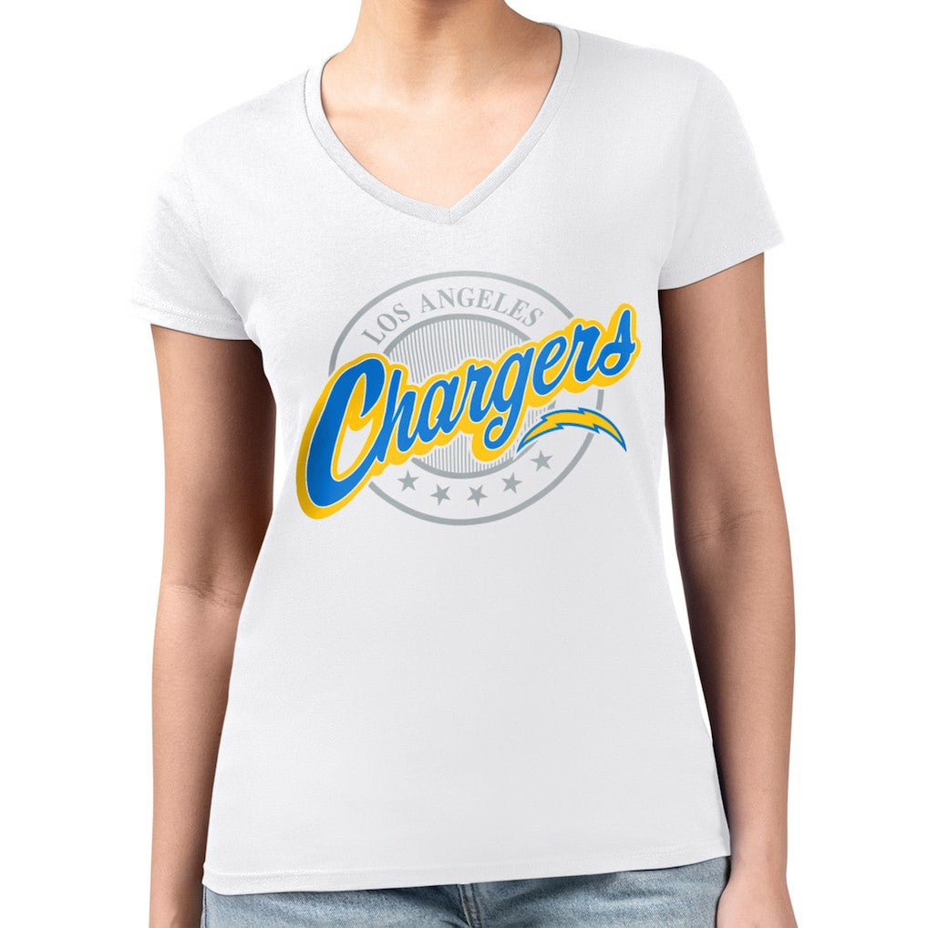 Los Angeles Chargers G-III 4Her by Carl Banks Women's Super-Slim Fit Lightweight Pinstripe Circle V-Neck T-Shirt White