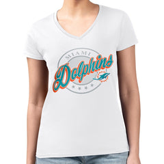 Miami Dolphins G-III 4Her by Carl Banks Women's Super-Slim Fit Lightweight Pinstripe Circle V-Neck T-Shirt White