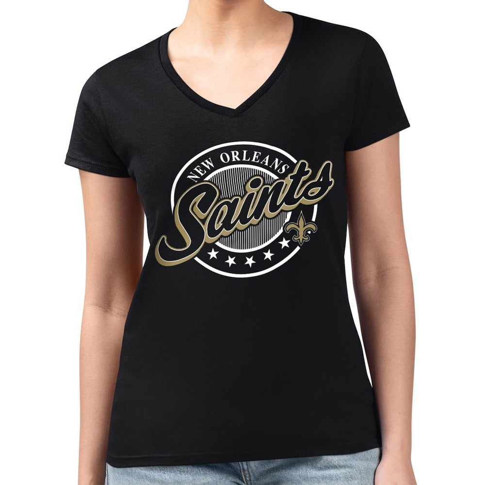 New Orleans Saints G-III 4Her by Carl Banks Women's Super-Slim Fit Lightweight Pinstripe Circle V-Neck T-Shirt Black