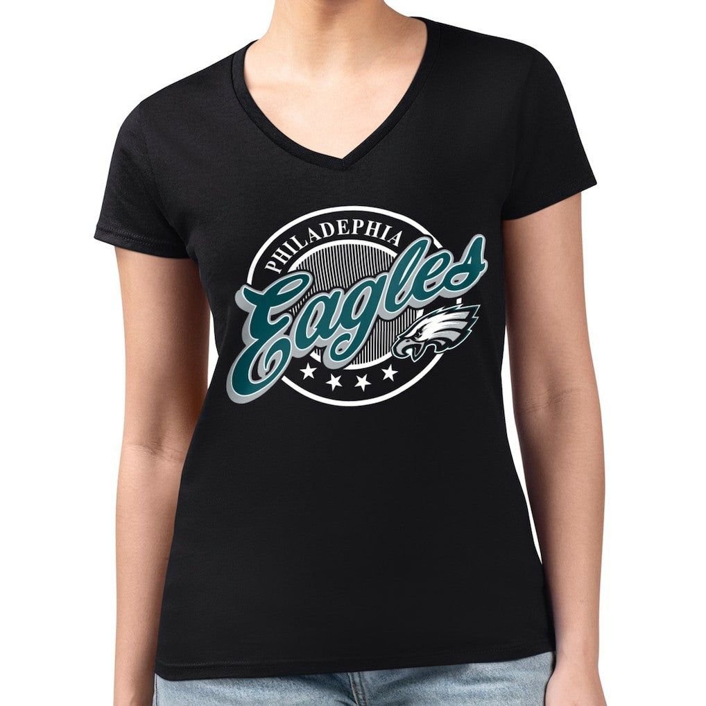 Philadelphia Eagles G-III 4Her by Carl Banks Women's Super-Slim Fit Lightweight Pinstripe Circle V-Neck T-Shirt Black