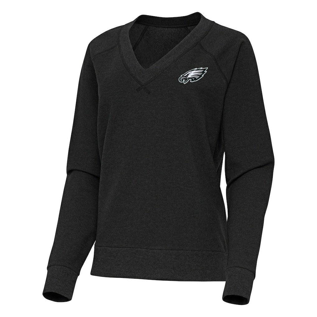 Philadelphia Eagles Antigua Women's Varsity Tri-Blend V-Neck Long Sleeve T-Shirt Heather Black
