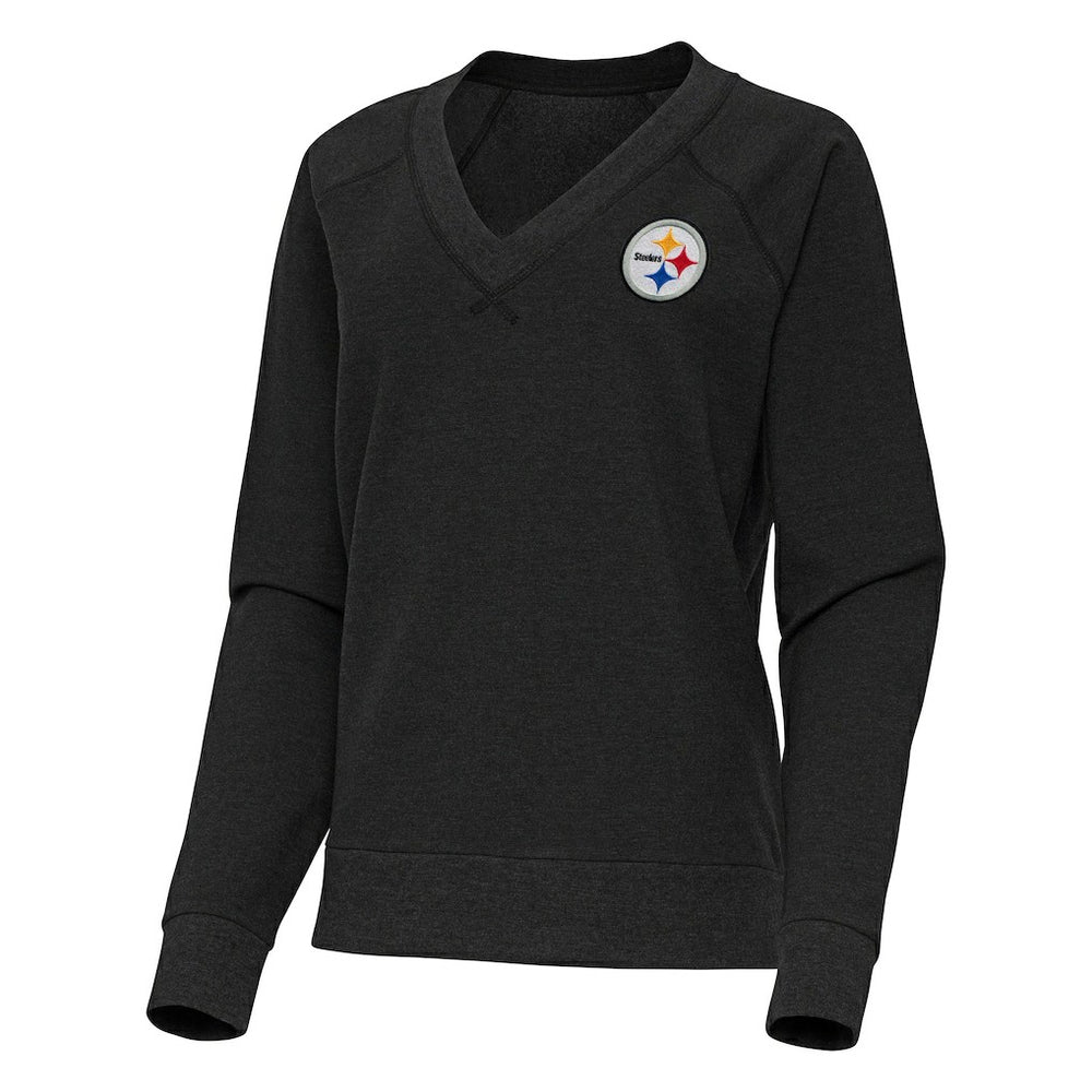 Pittsburgh Steelers Antigua Women's Varsity Tri-Blend V-Neck Long Sleeve T-Shirt Heather Black