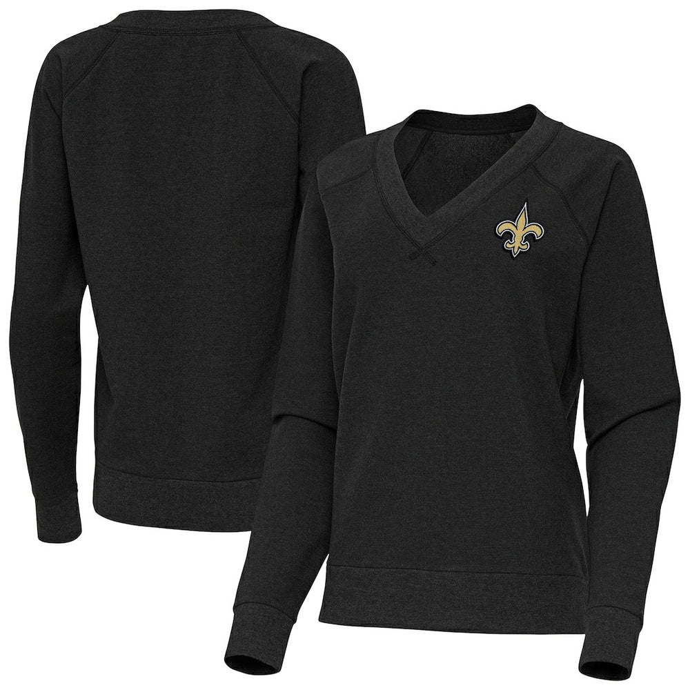 New Orleans Saints Antigua Women's Varsity Tri-Blend V-Neck Long Sleeve T-Shirt Heather Black