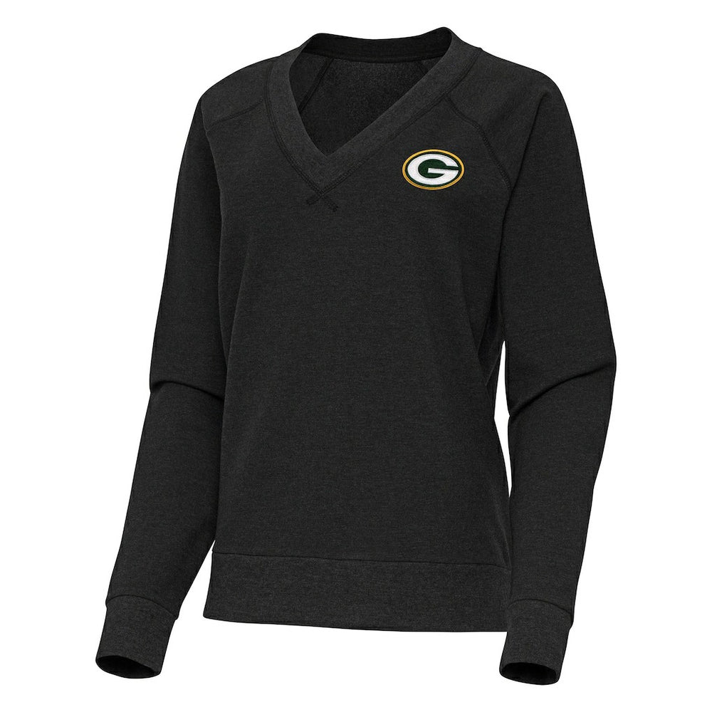 Green Bay Packers Antigua Women's Varsity Tri-Blend V-Neck Long Sleeve T-Shirt Heather Black