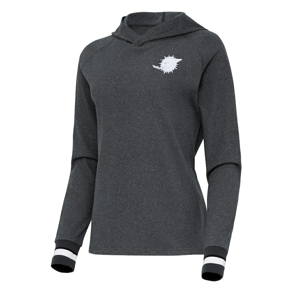 Miami Dolphins Antigua Women's Trek Raglan Pullover Hoodie Heather Charcoal