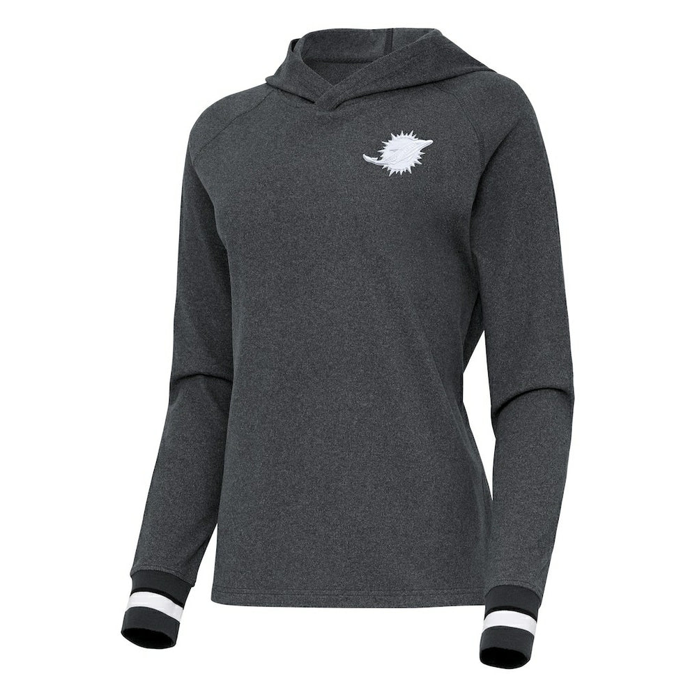 Miami Dolphins Antigua Women's Trek Raglan Pullover Hoodie Heather Charcoal