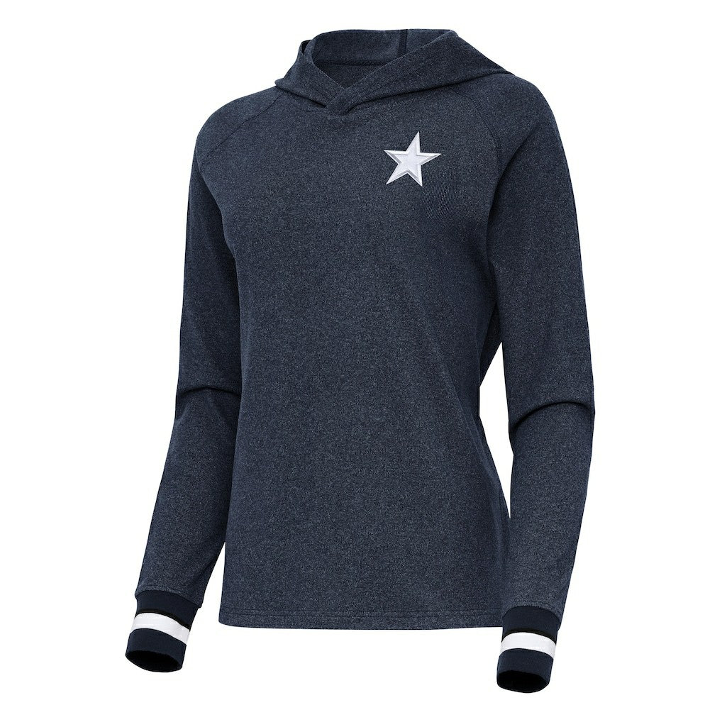 Dallas Cowboys Antigua Women's Trek Raglan Pullover Hoodie Heather Navy