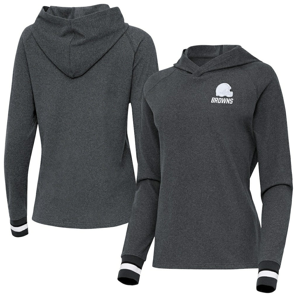 Cleveland Browns Antigua Women's Trek Raglan Pullover Hoodie Heather Charcoal