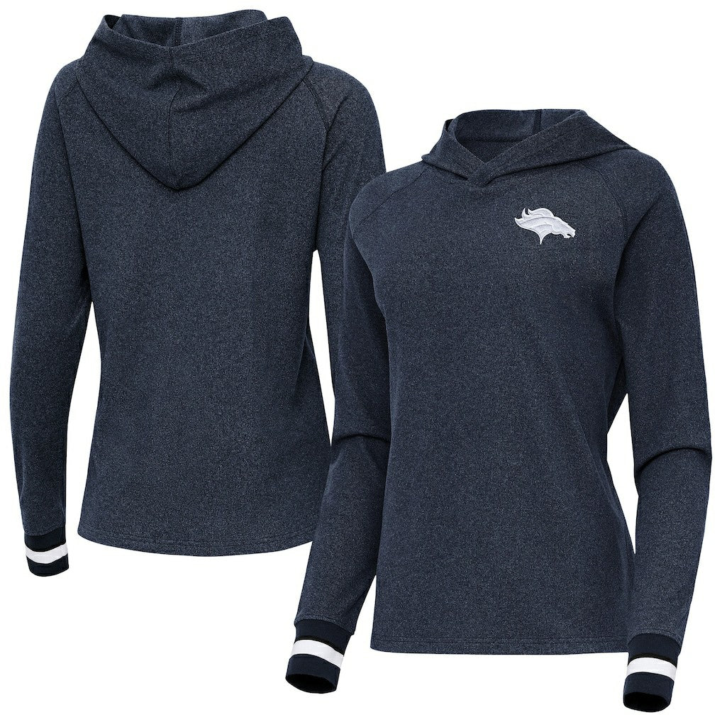 Denver Broncos Antigua Women's Trek Raglan Pullover Hoodie Heather Navy