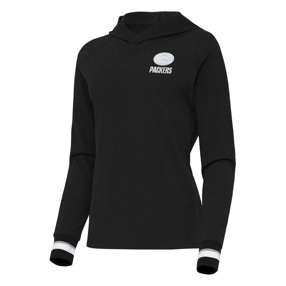 Green Bay Packers Antigua Women's Trek Raglan Pullover Hoodie Black