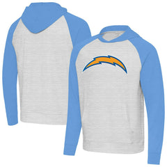 Los Angeles Chargers Antigua Urgent Raglan Pullover Hoodie Heather Gray/Heather Powder Blue