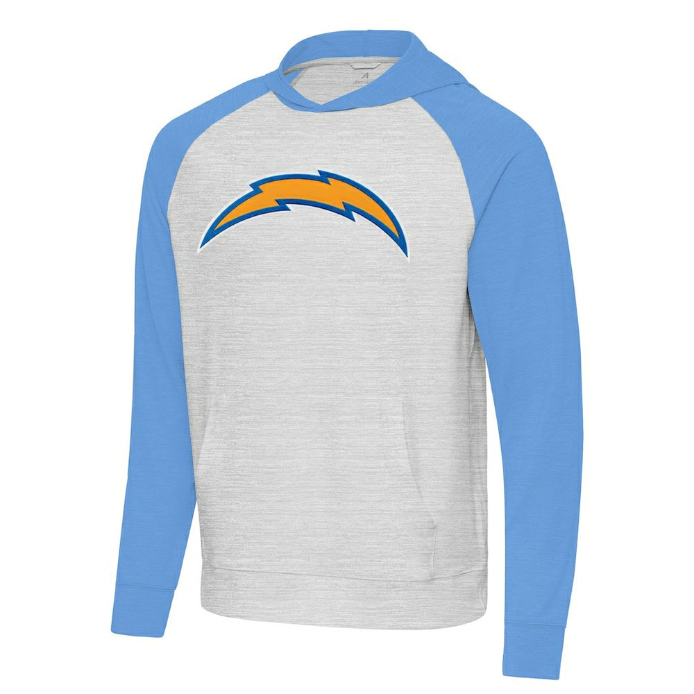 Los Angeles Chargers Antigua Urgent Raglan Pullover Hoodie Heather Gray/Heather Powder Blue
