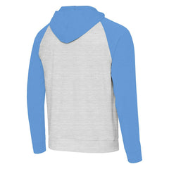 Los Angeles Chargers Antigua Urgent Raglan Pullover Hoodie Heather Gray/Heather Powder Blue