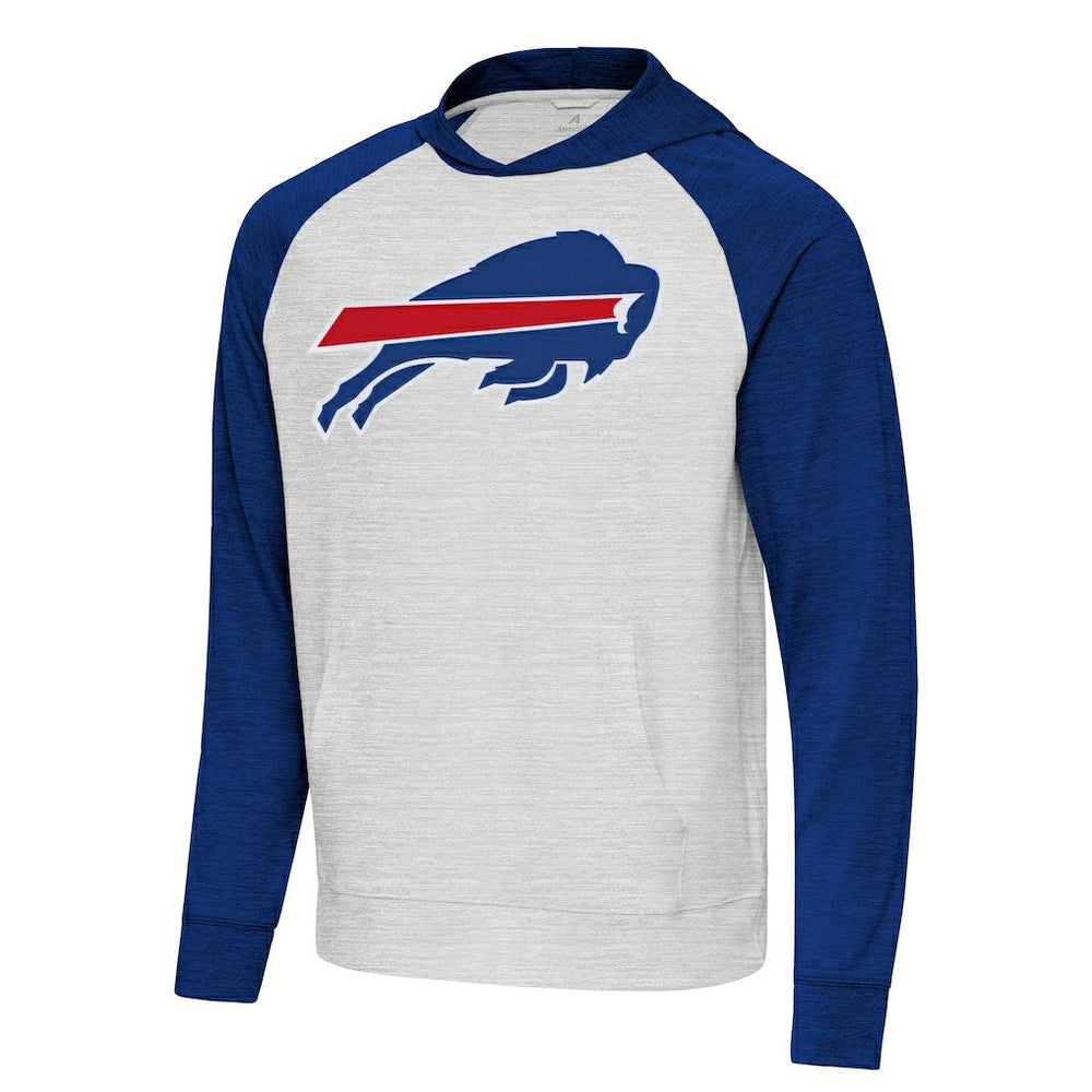 Buffalo Bills Antigua Urgent Raglan Pullover Hoodie Heather Gray/Heather Royal