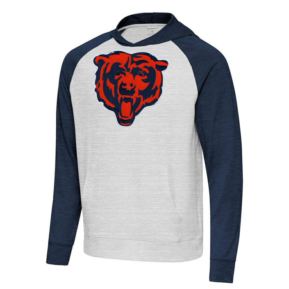 Chicago Bears Antigua Urgent Raglan Pullover Hoodie Heather Gray/Heather Navy