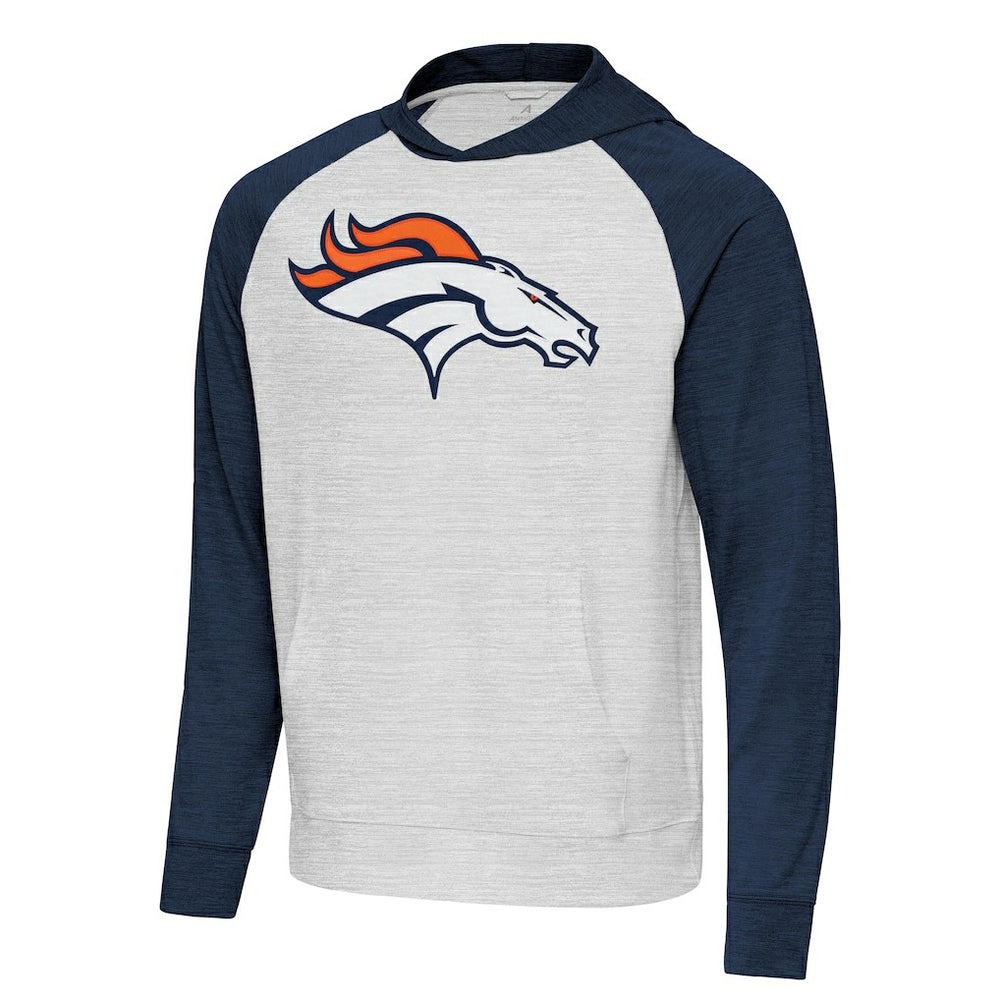 Denver Broncos Antigua Urgent Raglan Pullover Hoodie Heather Gray/Heather Navy