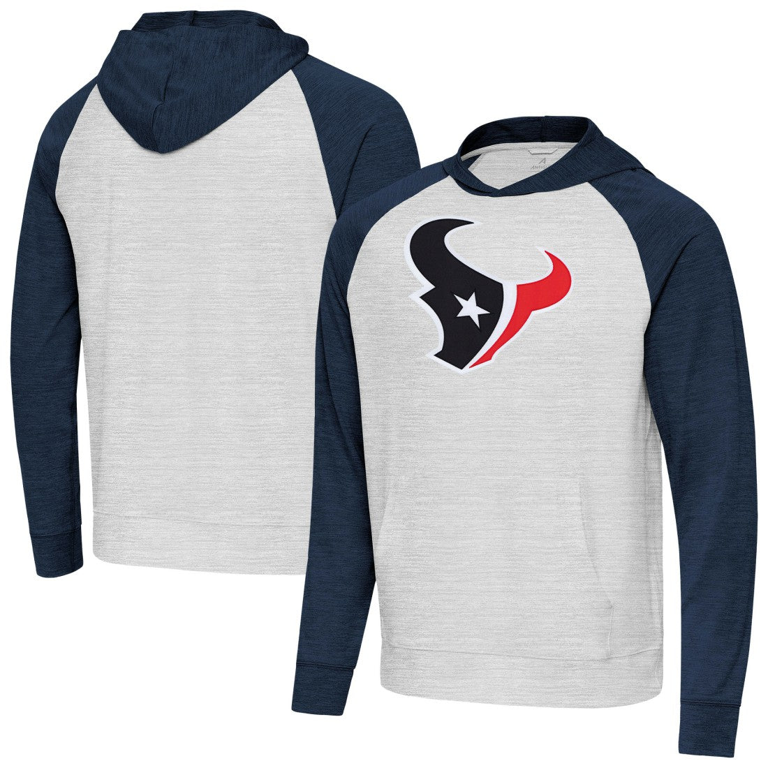 Houston Texans Antigua Urgent Raglan Pullover Hoodie Heather Gray/Heather Navy