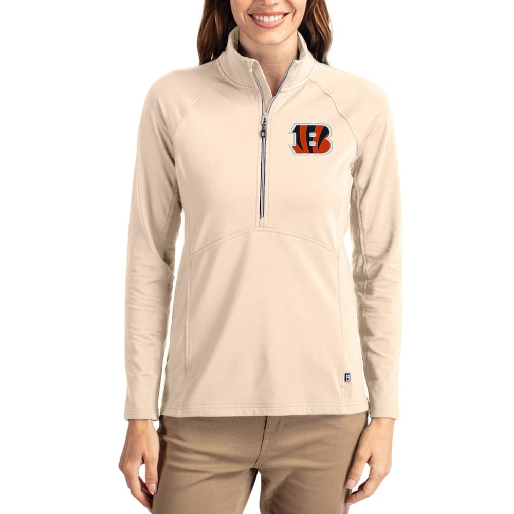 Cincinnati Bengals Cutter & Buck Women's Adapt Eco Knit Stretch Recycled Raglan Half-Zip Pullover Tan