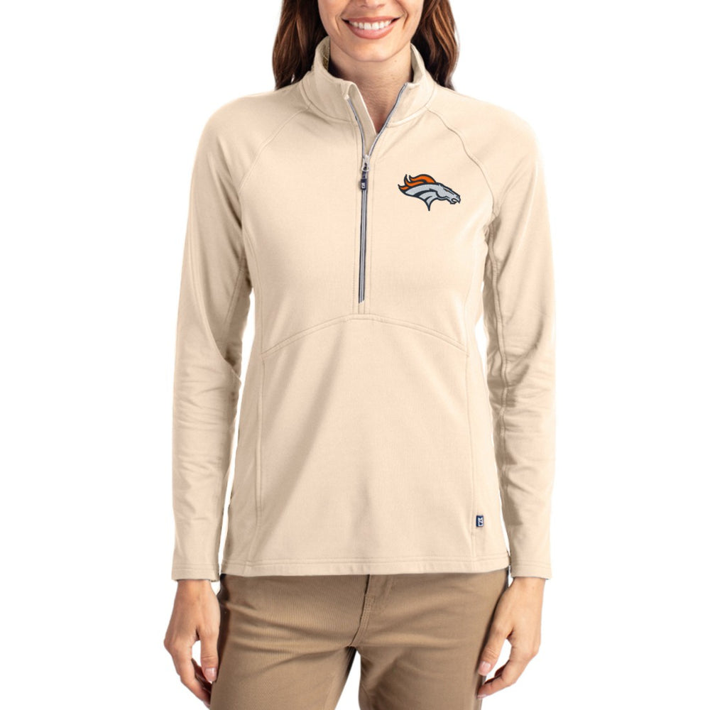 Denver Broncos Cutter & Buck Women's Adapt Eco Knit Stretch Recycled Raglan Half-Zip Pullover Tan