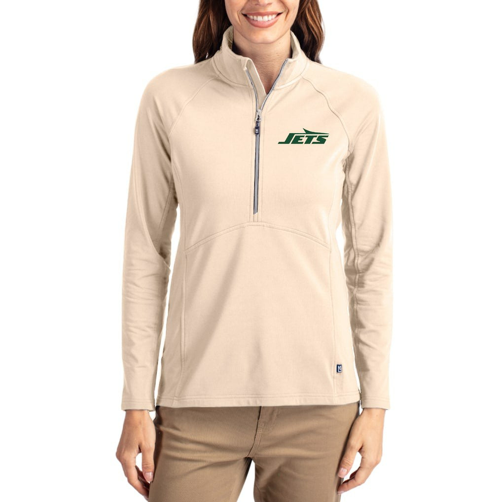 New York Jets Cutter & Buck Women's Adapt Eco Knit Stretch Recycled Raglan Half-Zip Pullover Tan