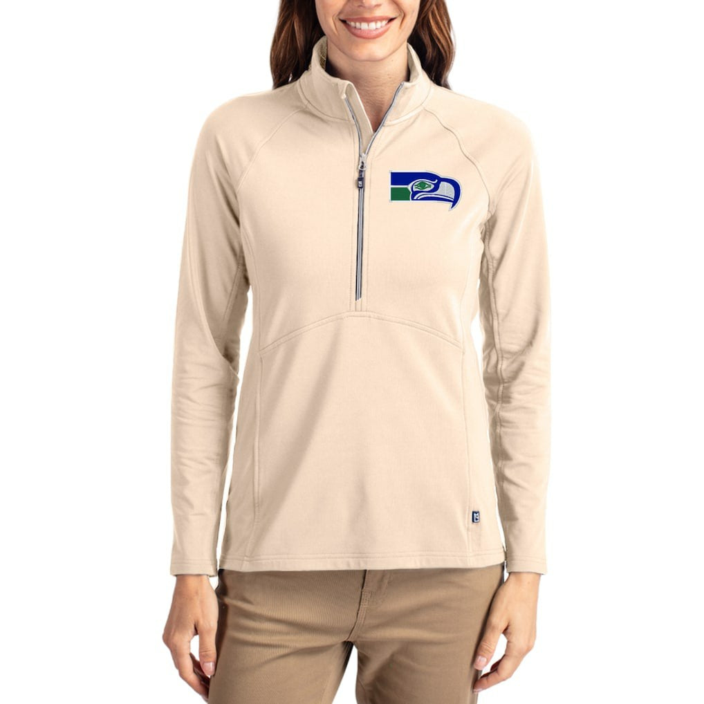 Seattle Seahawks Cutter & Buck Women's Throwback Adapt Eco Knit Stretch Recycled Raglan Half-Zip Pullover Tan