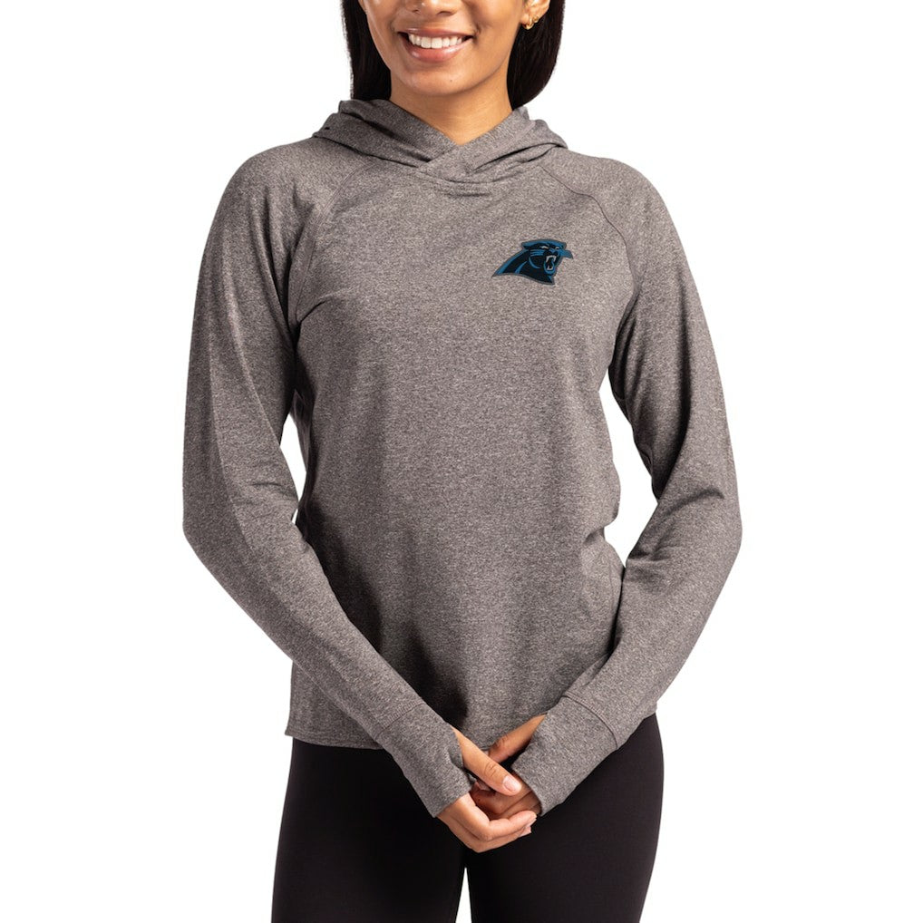 Carolina Panthers Cutter & Buck Women's Primary Logo Adapt Knit Recycled Raglan Pullover Hoodie Heather Charcoal