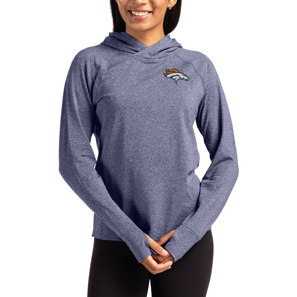 Denver Broncos Cutter & Buck Women's Primary Logo Adapt Knit Recycled Raglan Pullover Hoodie Heather Navy