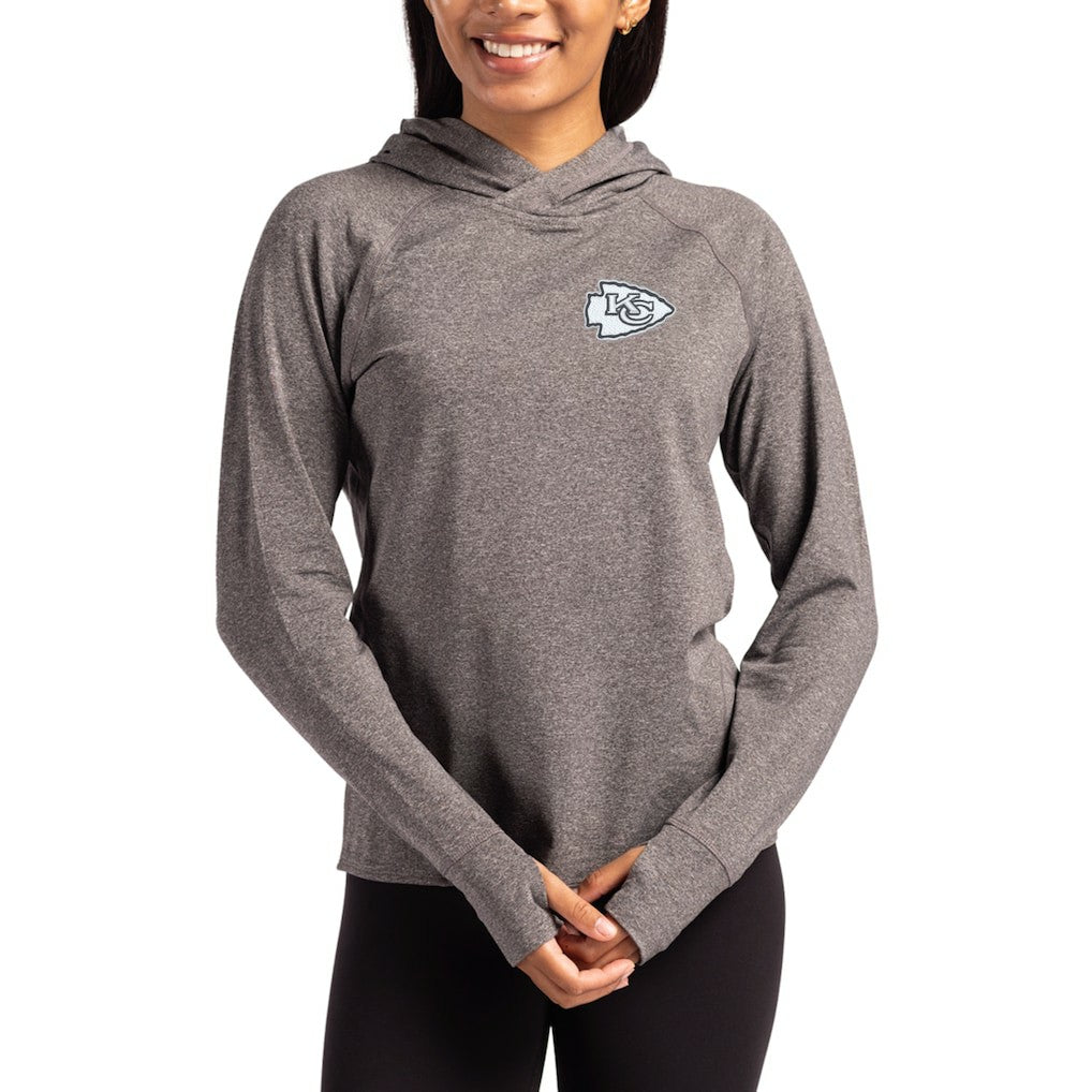 Kansas City Chiefs Cutter & Buck Women's Tonal Logo Adapt Knit Recycled Raglan Pullover Hoodie Heather Charcoal