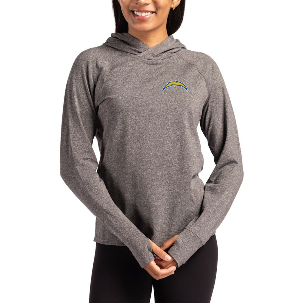 Los Angeles Chargers Cutter & Buck Women's Primary Logo Adapt Knit Recycled Raglan Pullover Hoodie Heather Charcoal