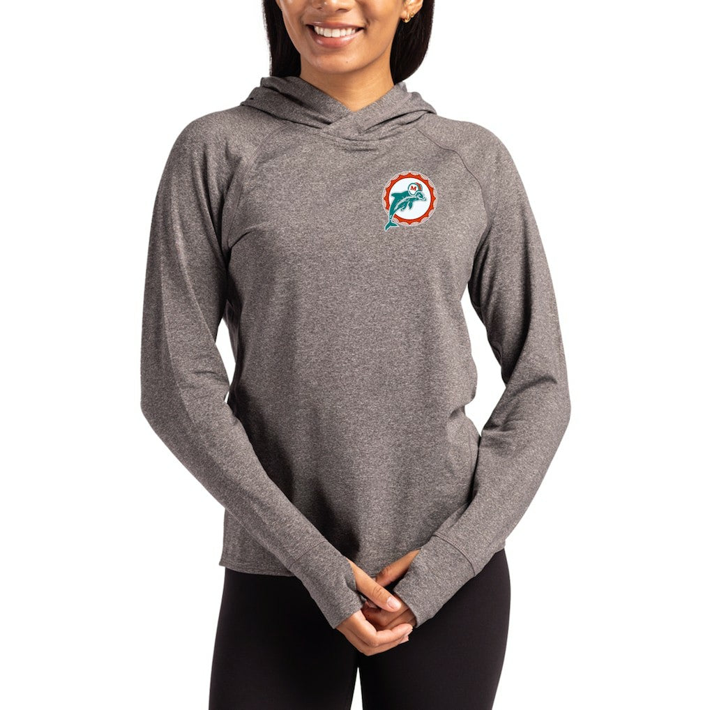 Miami Dolphins Cutter & Buck Women's Throwback Logo Adapt Knit Recycled Raglan Pullover Hoodie Heather Charcoal