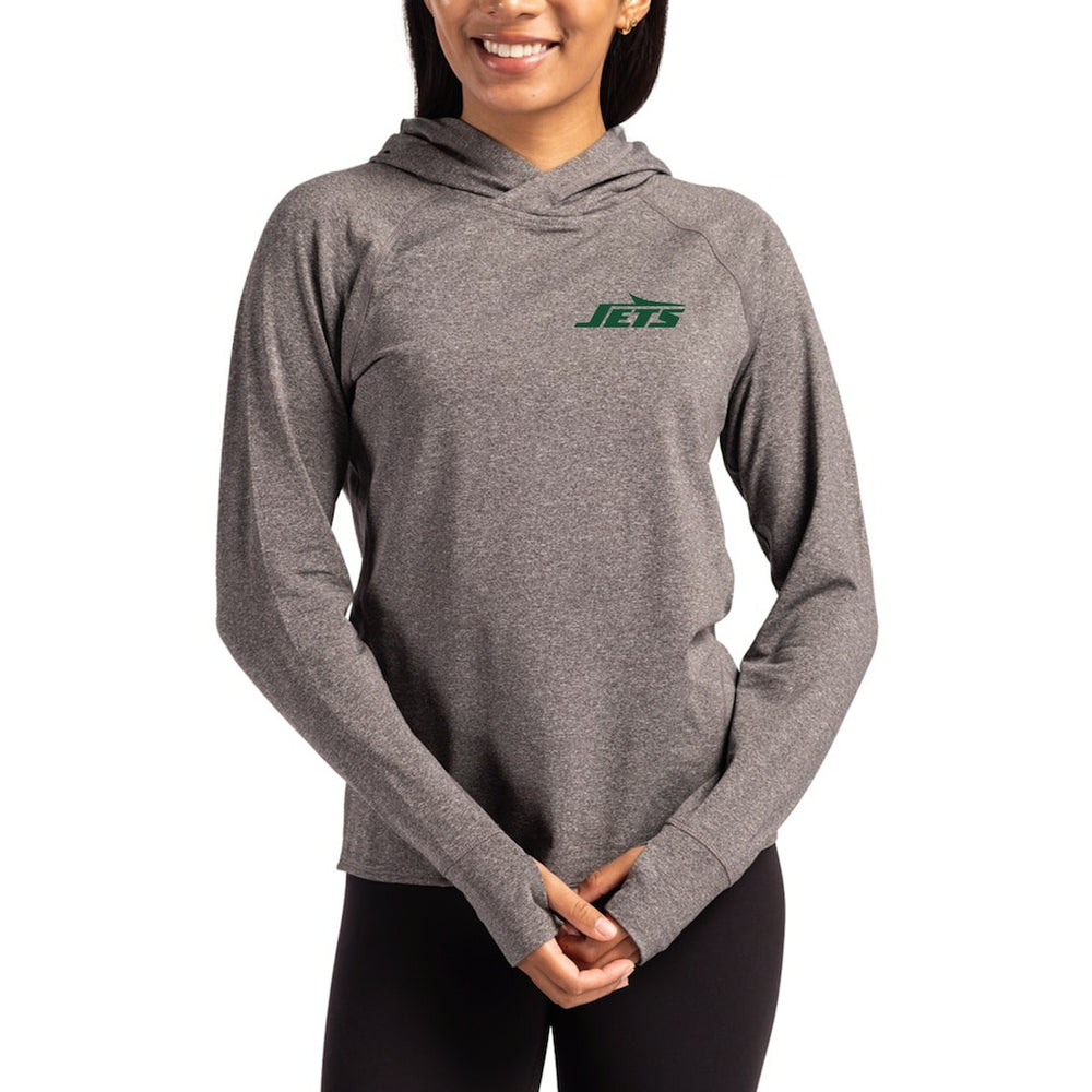 New York Jets Cutter & Buck Women's Primary Logo Adapt Knit Recycled Raglan Pullover Hoodie Heather Charcoal