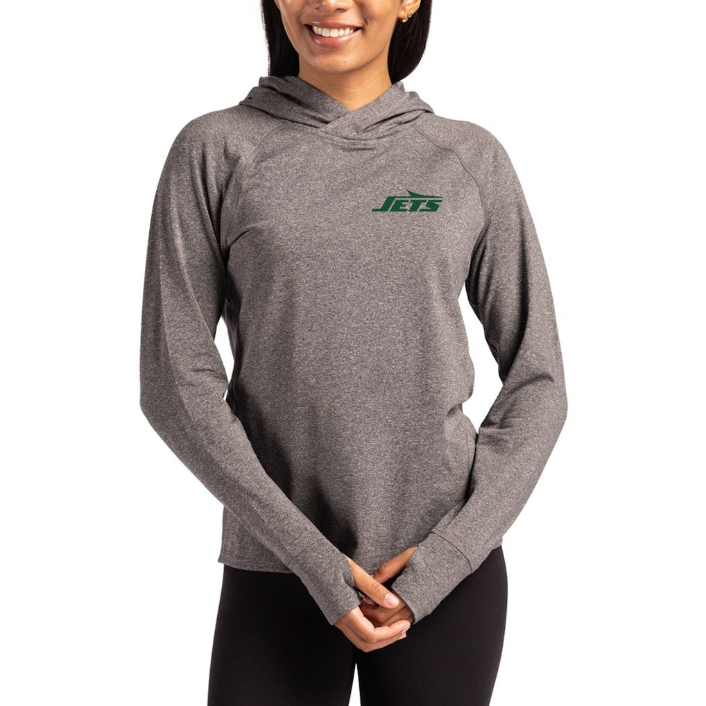 New York Jets Cutter & Buck Women's Primary Logo Adapt Knit Recycled Raglan Pullover Hoodie Heather Charcoal