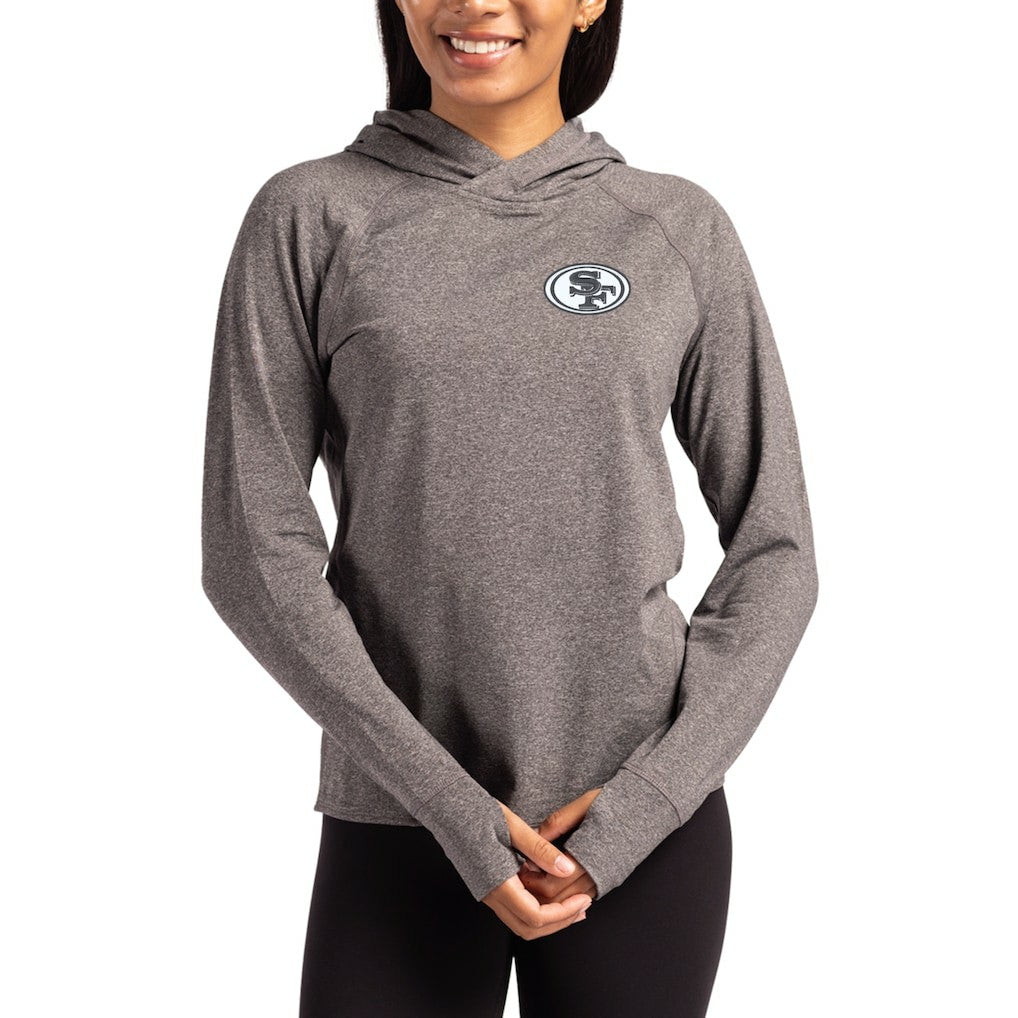 San Francisco 49ers Cutter & Buck Women's Tonal Logo Adapt Knit Recycled Raglan Pullover Hoodie Heather Charcoal