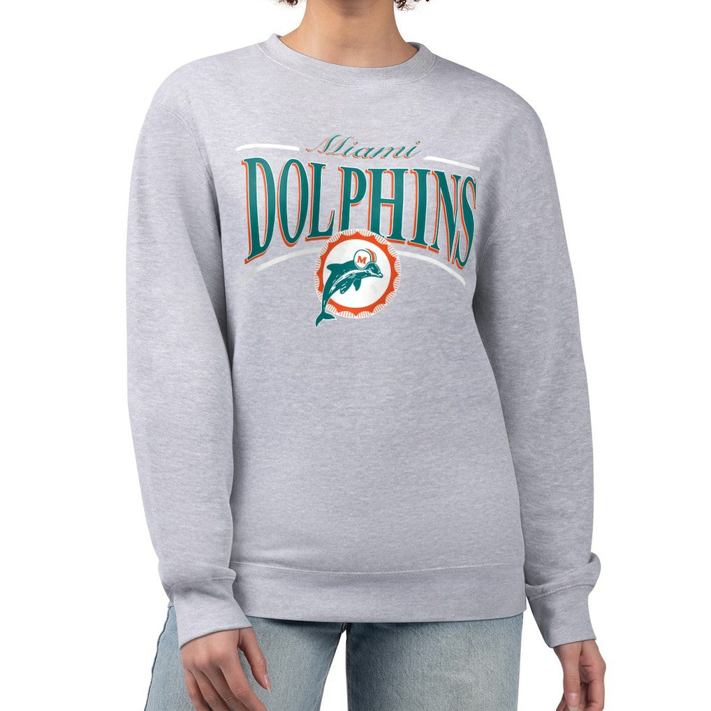 Miami Dolphins Starter Women's Throwback Arch Stripe Fleece Pullover Sweatshirt Gray