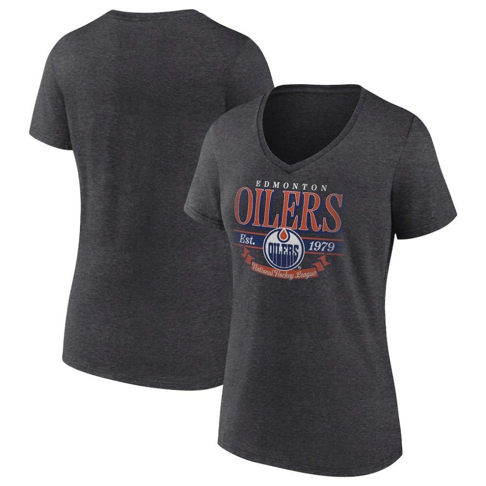 NHL Edmonton Oilers Women's Retro Banner V-Neck T-Shirt - Charcoal
