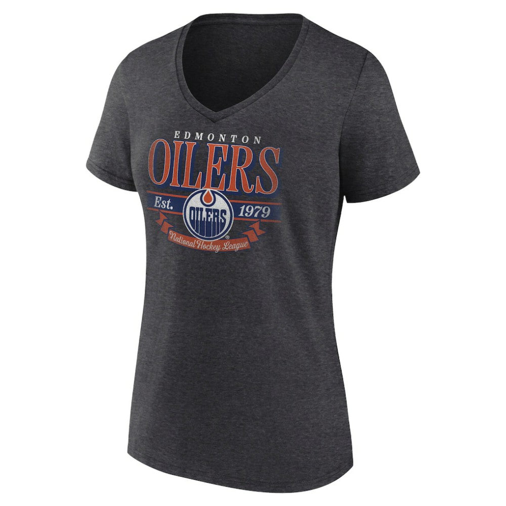 NHL Edmonton Oilers Women's Retro Banner V-Neck T-Shirt - Charcoal