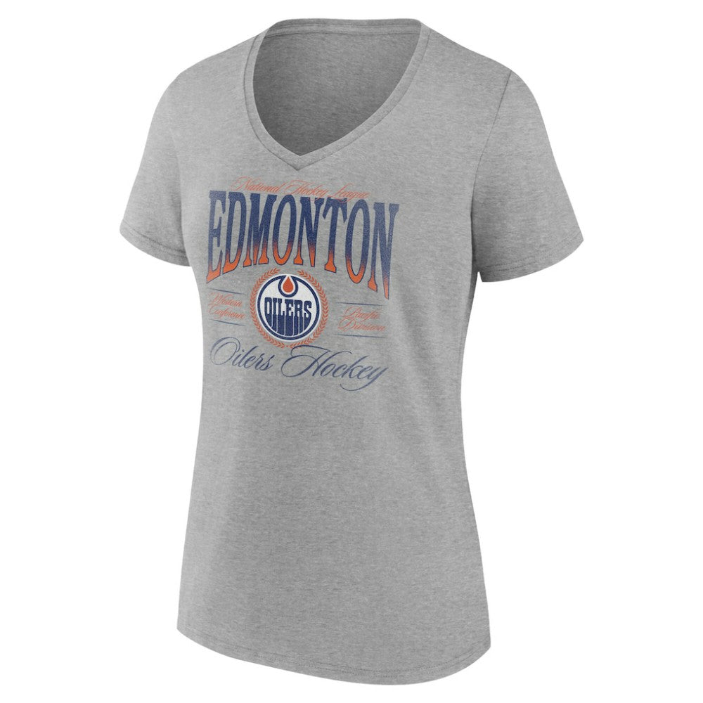 NHL Edmonton Oilers Women's Retro Script V-Neck T-Shirt - Gray