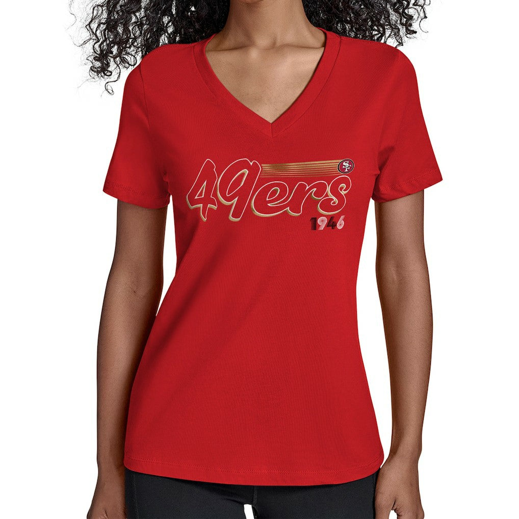 San Francisco 49ers Starter Women's Groovy Script V-Neck T-Shirt Scarlet