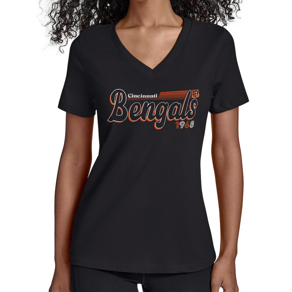 Cincinnati Bengals Starter Women's Groovy Script V-Neck T-Shirt Black
