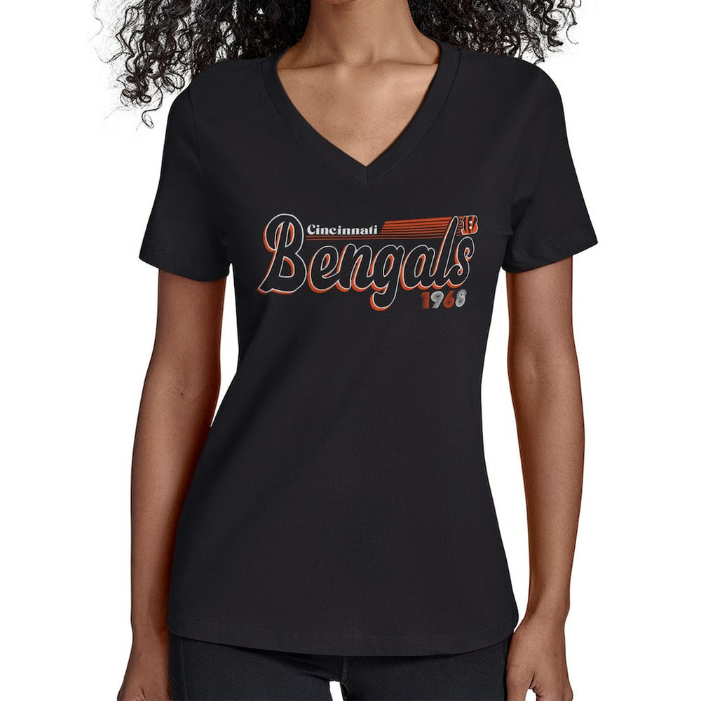 Cincinnati Bengals Starter Women's Groovy Script V-Neck T-Shirt Black