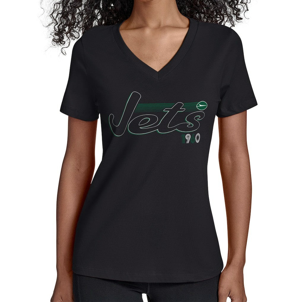 New York Jets Starter Women's Groovy Script V-Neck T-Shirt Black