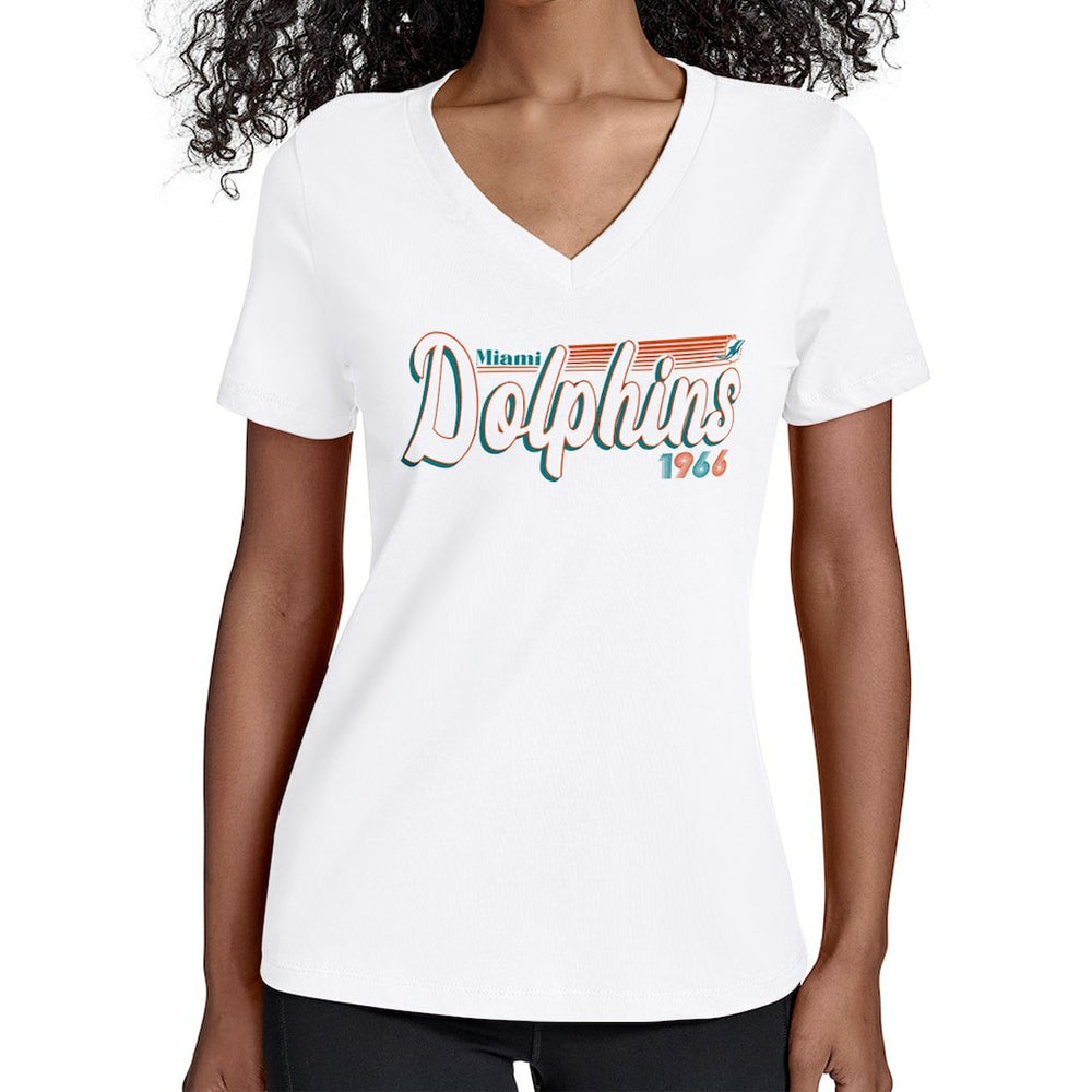 Miami Dolphins Starter Women's Groovy Script V-Neck T-Shirt White