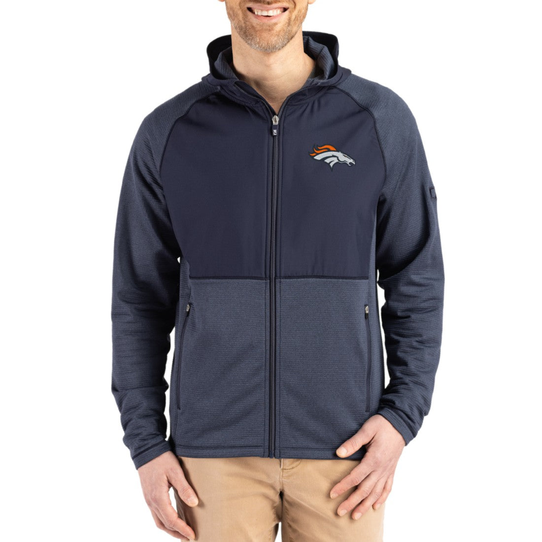 Denver Broncos Cutter & Buck Peshastin Eco Fleece Recycled Raglan Full-Zip Tri-Blend Hybrid Jacket Heather Navy